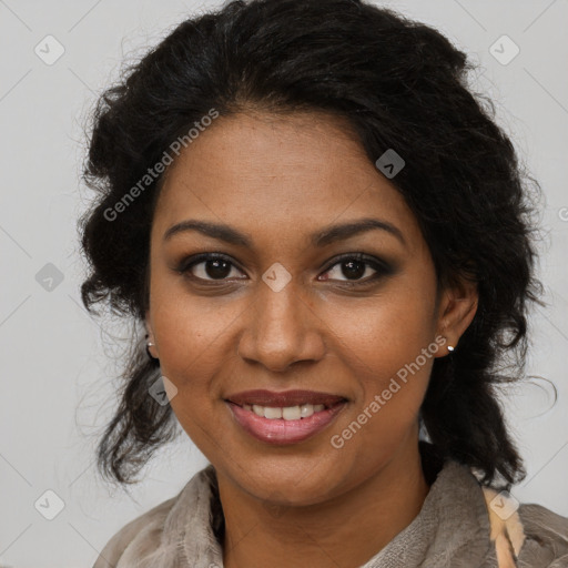 Joyful black young-adult female with medium  brown hair and brown eyes