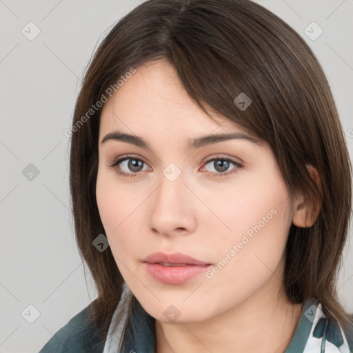 Neutral white young-adult female with medium  brown hair and brown eyes