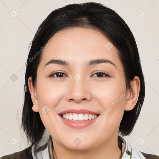 Joyful white young-adult female with medium  black hair and brown eyes