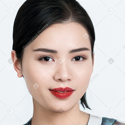 Joyful white young-adult female with medium  black hair and brown eyes