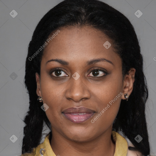 Joyful black young-adult female with medium  black hair and brown eyes