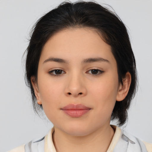 Neutral asian young-adult female with medium  brown hair and brown eyes