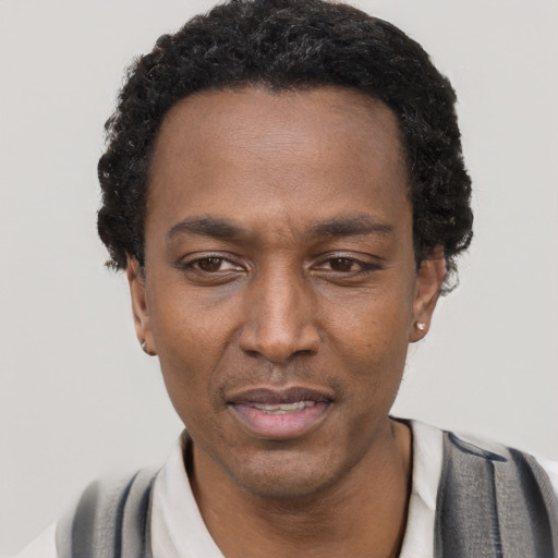Neutral black adult male with short  black hair and brown eyes