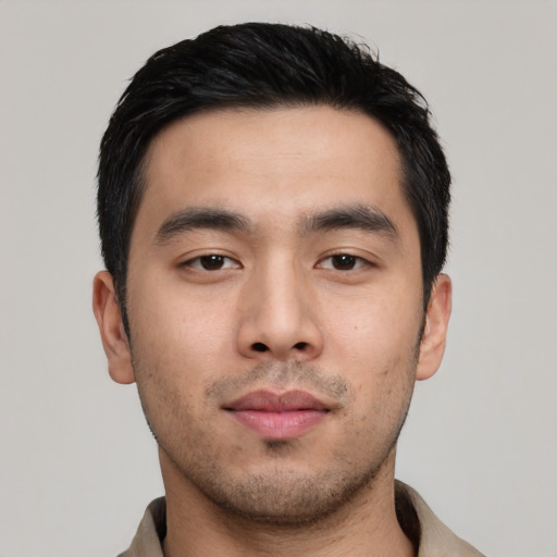 Neutral asian young-adult male with short  black hair and brown eyes