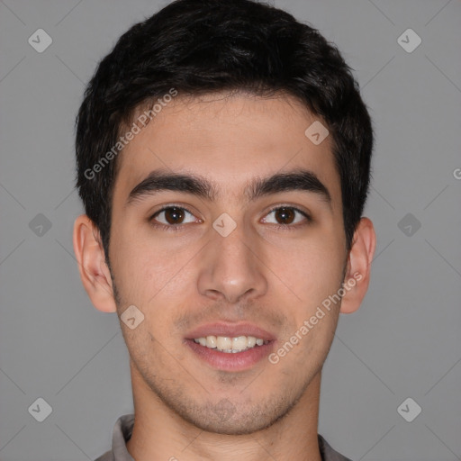 Joyful white young-adult male with short  brown hair and brown eyes