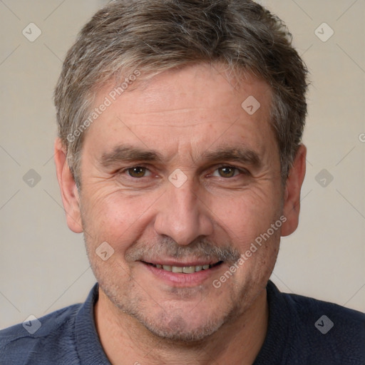 Joyful white middle-aged male with short  brown hair and brown eyes