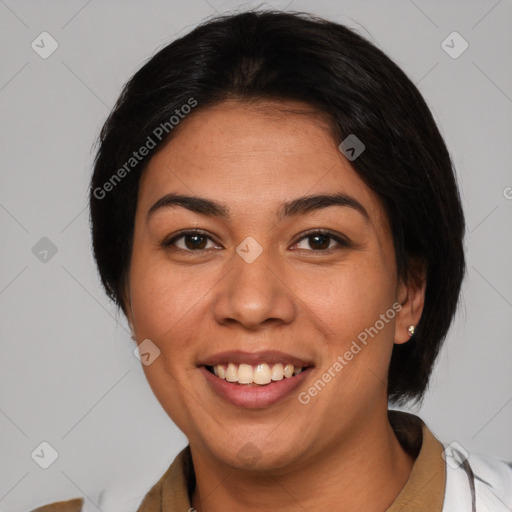 Joyful latino young-adult female with medium  brown hair and brown eyes