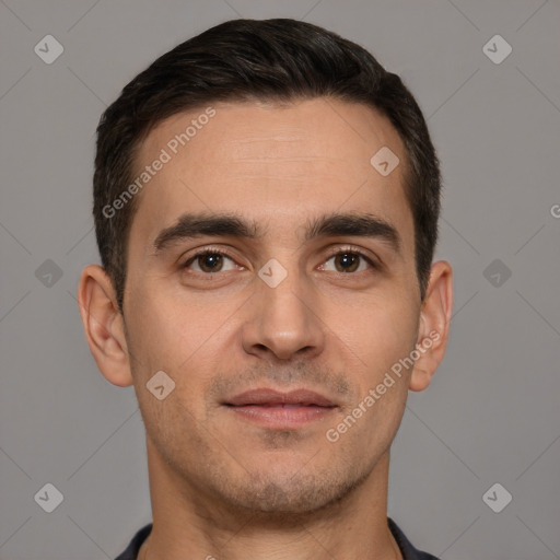 Joyful white young-adult male with short  brown hair and brown eyes