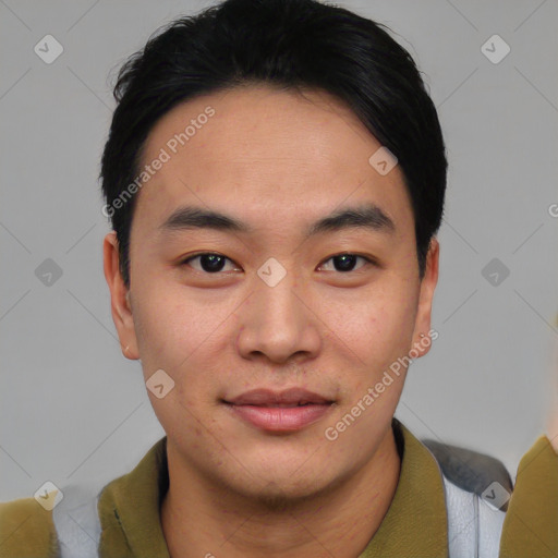 Neutral asian young-adult male with short  brown hair and brown eyes