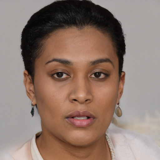 Neutral black young-adult female with short  brown hair and brown eyes