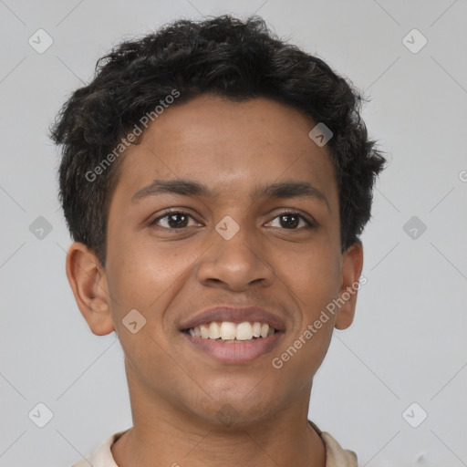 Joyful latino young-adult male with short  brown hair and brown eyes