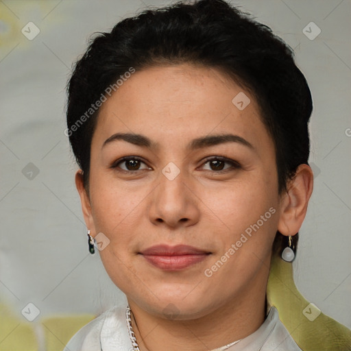 Joyful latino young-adult female with short  brown hair and brown eyes