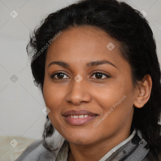 Joyful latino young-adult female with medium  black hair and brown eyes