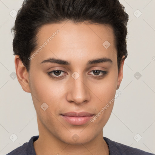 Joyful white young-adult female with short  brown hair and brown eyes