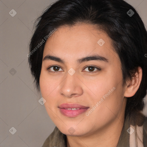 Joyful white young-adult female with medium  brown hair and brown eyes