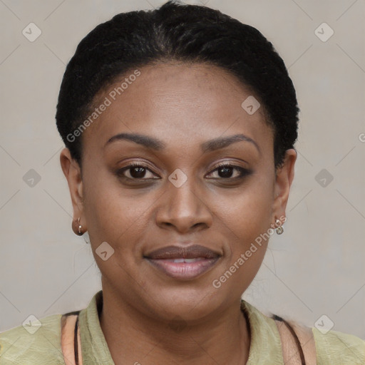 Joyful latino young-adult female with short  black hair and brown eyes