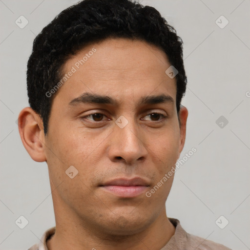 Neutral latino young-adult male with short  black hair and brown eyes