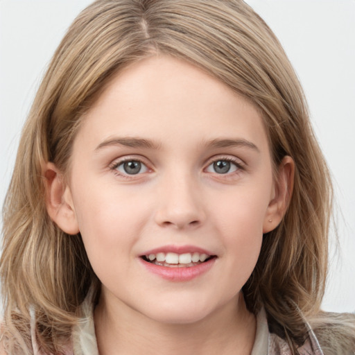 Joyful white child female with medium  brown hair and grey eyes