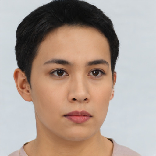 Neutral asian young-adult female with short  black hair and brown eyes