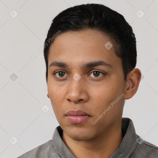 Neutral latino young-adult male with short  black hair and brown eyes