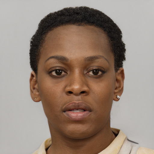 Neutral black young-adult female with short  brown hair and brown eyes