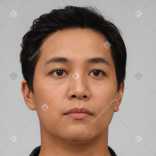 Neutral asian young-adult male with short  brown hair and brown eyes