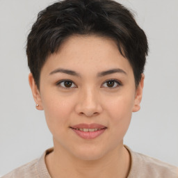 Joyful asian young-adult female with short  brown hair and brown eyes