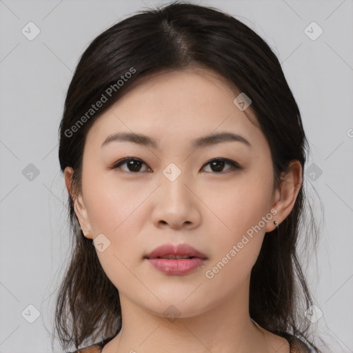 Neutral asian young-adult female with medium  black hair and brown eyes