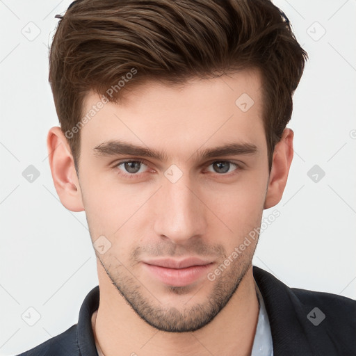 Neutral white young-adult male with short  brown hair and brown eyes