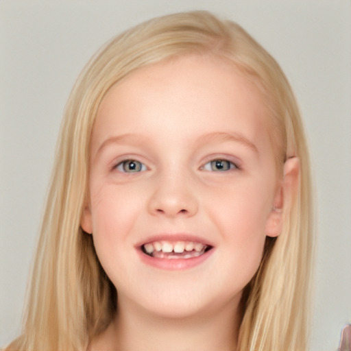 Joyful white child female with long  brown hair and blue eyes