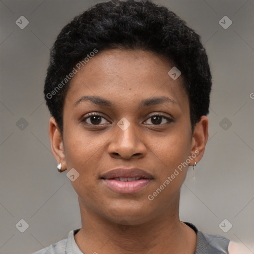 Joyful black young-adult female with short  black hair and brown eyes