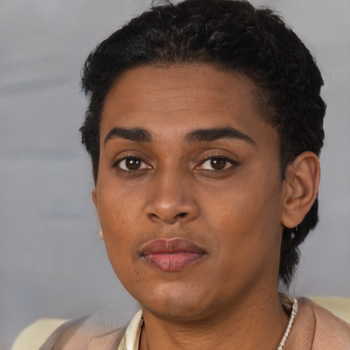 Neutral black young-adult female with short  black hair and brown eyes