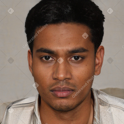 Neutral latino young-adult male with short  black hair and brown eyes
