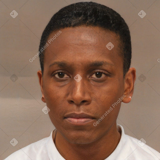 Neutral black young-adult male with short  black hair and brown eyes