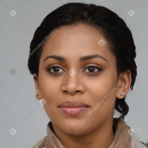 Joyful latino young-adult female with short  black hair and brown eyes