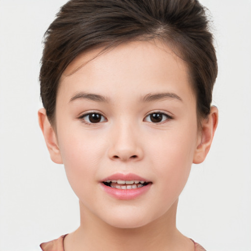 Joyful white child female with short  brown hair and brown eyes