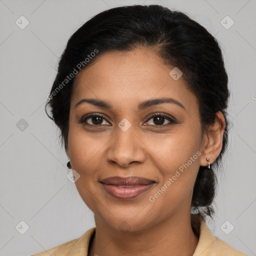 Joyful latino young-adult female with medium  brown hair and brown eyes