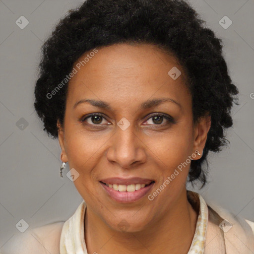 Joyful black adult female with short  brown hair and brown eyes