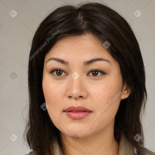 Joyful white young-adult female with medium  brown hair and brown eyes