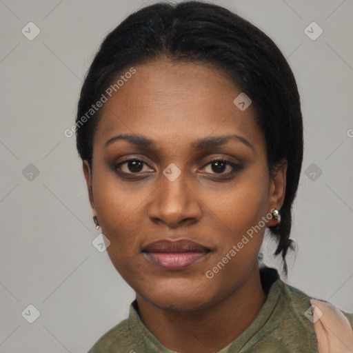 Joyful latino young-adult female with short  black hair and brown eyes