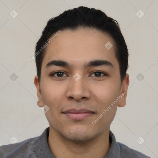 Neutral latino young-adult male with short  black hair and brown eyes