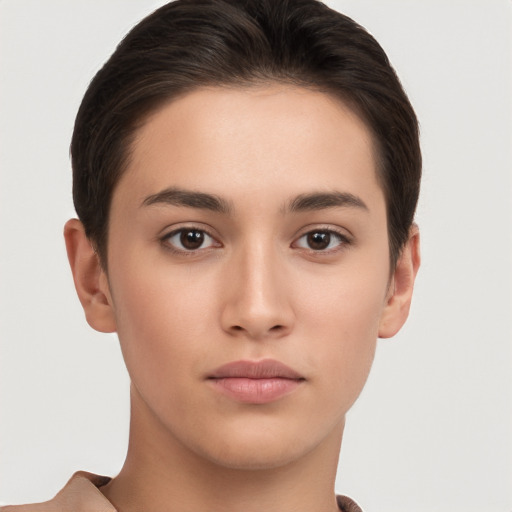 Neutral white young-adult female with short  brown hair and brown eyes