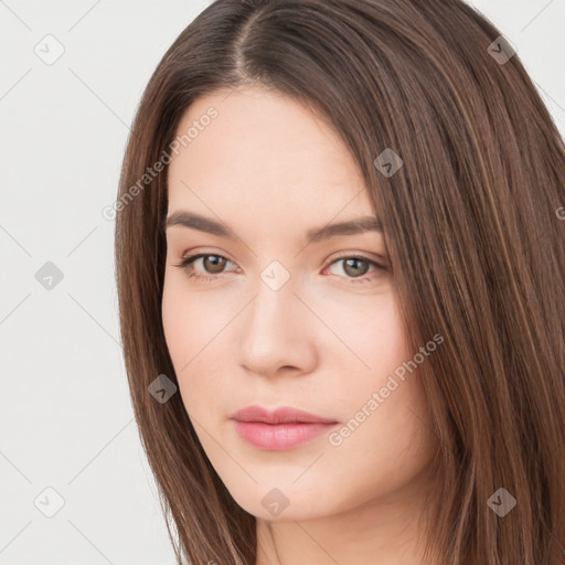 Neutral white young-adult female with long  brown hair and brown eyes