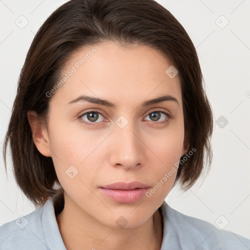 Neutral white young-adult female with medium  brown hair and brown eyes