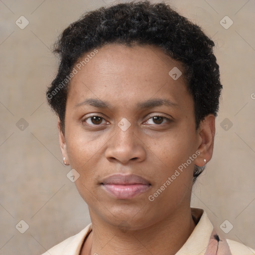 Neutral black young-adult female with short  brown hair and brown eyes