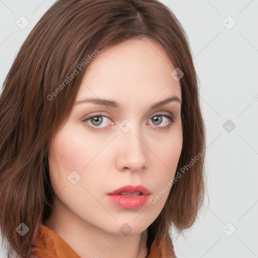 Neutral white young-adult female with medium  brown hair and grey eyes