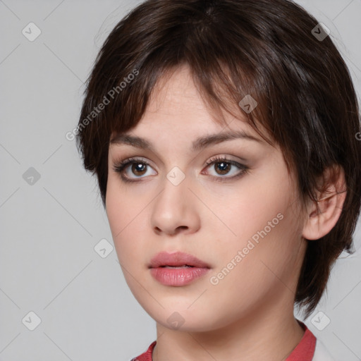 Neutral white young-adult female with medium  brown hair and brown eyes