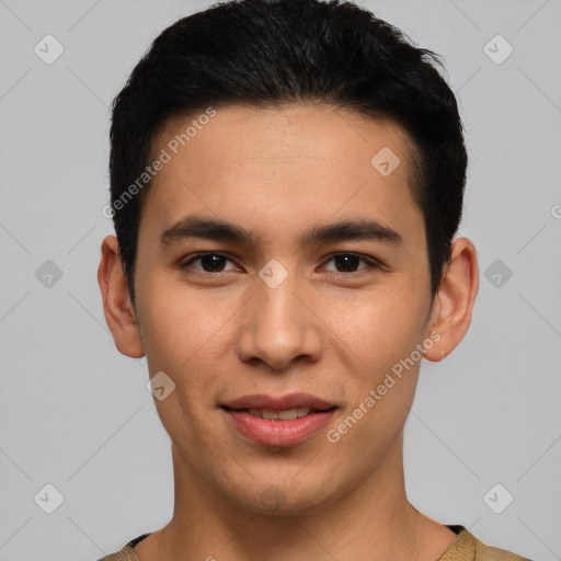 Joyful latino young-adult male with short  black hair and brown eyes