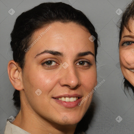 Joyful white adult female with short  brown hair and brown eyes