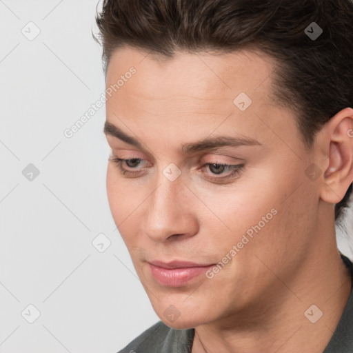 Neutral white young-adult male with short  brown hair and brown eyes